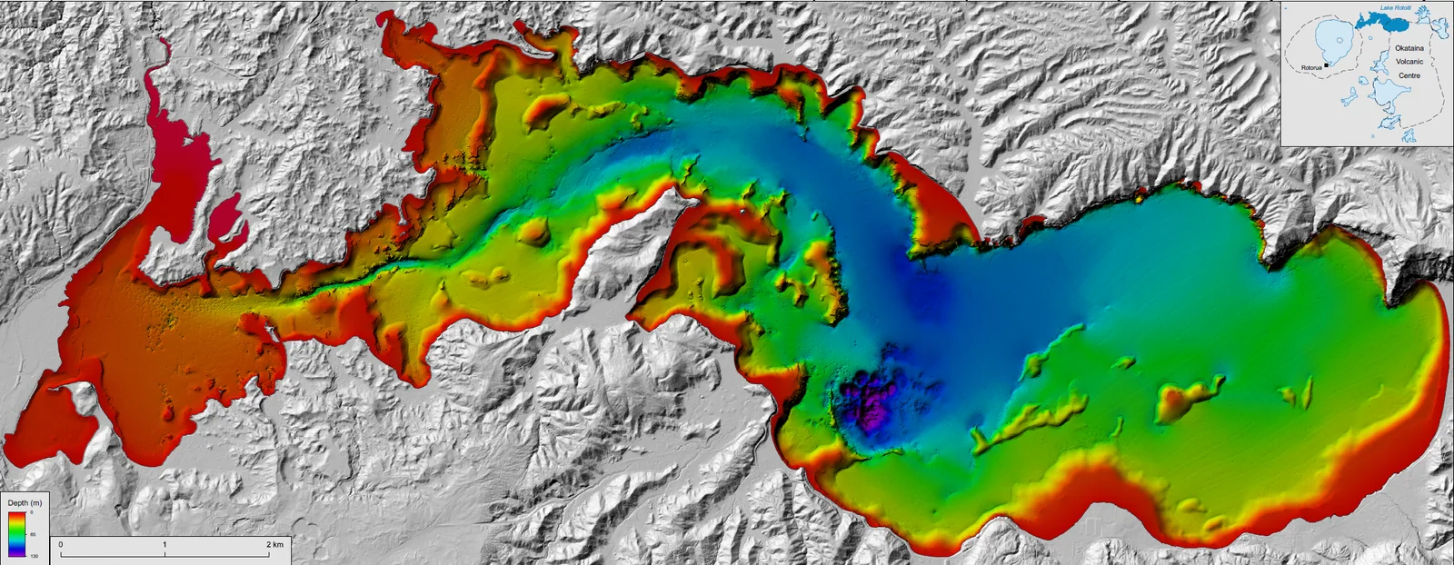 Colour bathymetric map of Lake Rotoiti showing depths, channels and volcanic features.