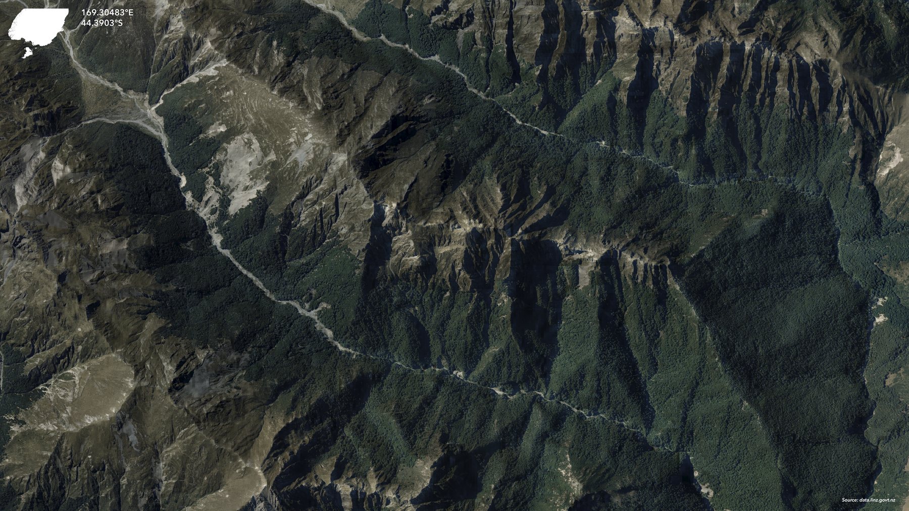 Aerial image of Otago. The original image labels coordinates 169.30483°E, 44.3903°S.